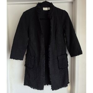 Chico's Women's Open Boucle Jacket Size 0 Black Cotton Blend Classic Long Jacket